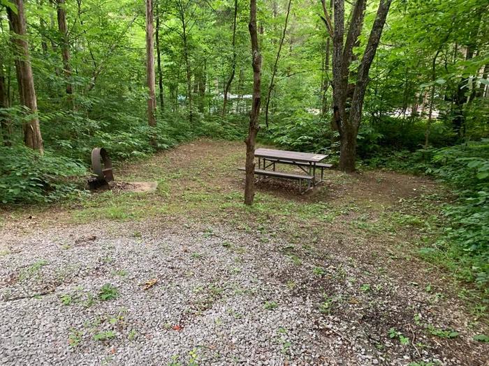 A gravel area with green trees.A-9 camping space with a fire ring and picnic table.