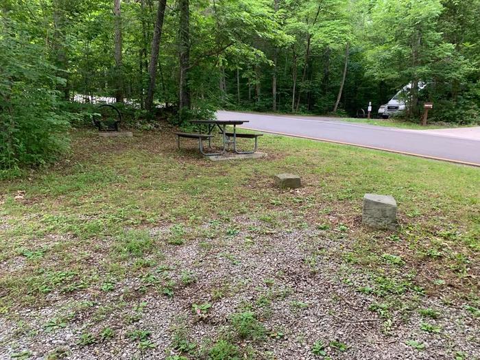 A gravel and grass area with small rocks.A-17 circle fire ring and picnic table.