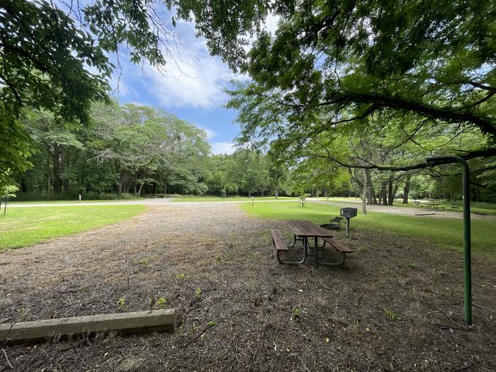 A photo of Site 314 of Loop OAK CAMPGROUND at BLOOMINGTON EAST  with Picnic Table, Fire Pit, Shade, Lantern Pole