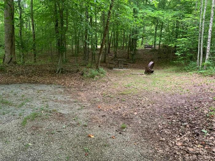 A gravel area with a brown circle fire ring and brown picnic table.E-12 camping space.