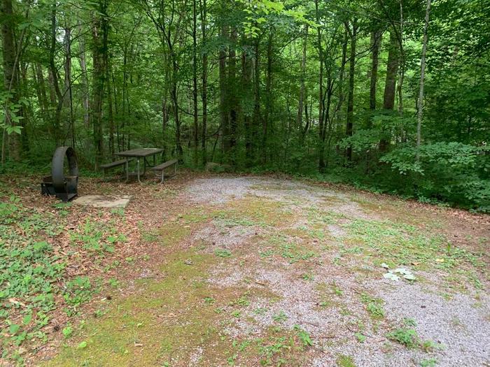 A gravel area with a brown circle fire ring and brown picnic table.E-26 camping space.