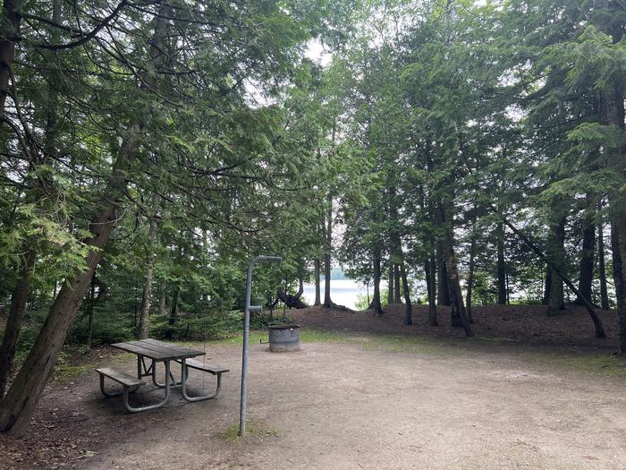 A photo of Site 053 of Loop Sites 50-70 at BREVOORT LAKE CAMPGROUND with Picnic Table, Fire Pit, Shade, Waterfront, Lantern Pole