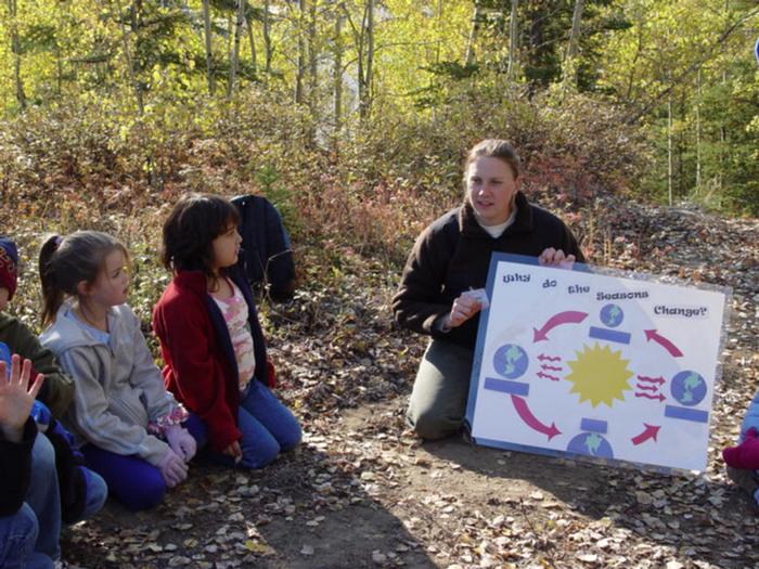 Instructor explaining a poster of seasonal change to three students. Students can explore the changing seasons at Campbell Creek Science Center. 