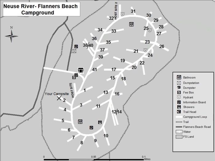 Flanners Beach Campsite #2.Should accommodate 40ft camper. Amenities include Electric 50/30/20 amp Connection, picnic Table, Fire ring, and Lantern Post