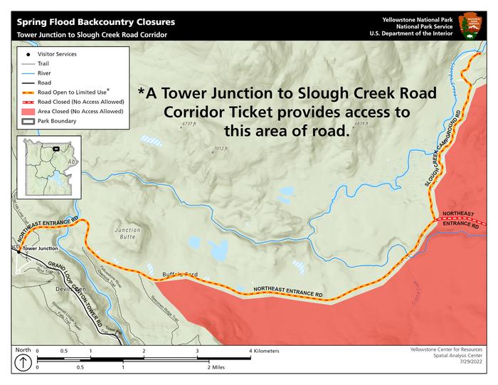 Map showing the Tower Junction to Slough Creek Road CorridorTower Junction to Slough Road Corridor