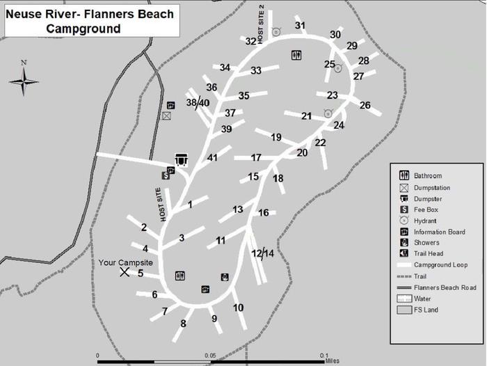 Flanners Beach Campsite #5Should accommodate 40ft camper. Amenities include Electric 50/30/20 amp Connection, picnic Table, Fire ring, and Lantern Post