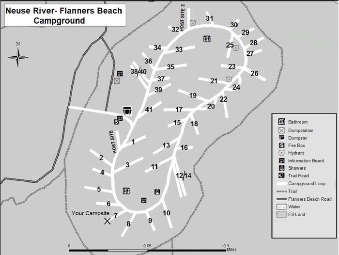 Flanners Beach Campsite #7Should accommodate 40ft camper. Amenities include Electric 50/30/20 amp Connection, picnic Table, Fire ring, and Lantern Post