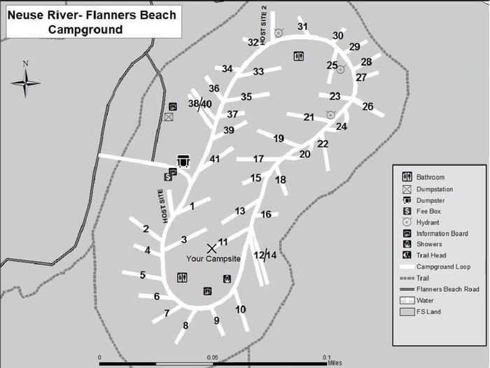 Flanners Beach Campsite #11First Come-First Served Campsite.  Should accommodate 40ft camper. Amenities include Electric 50/30/20 amp Connection, picnic Table, Fire ring, and Lantern Post