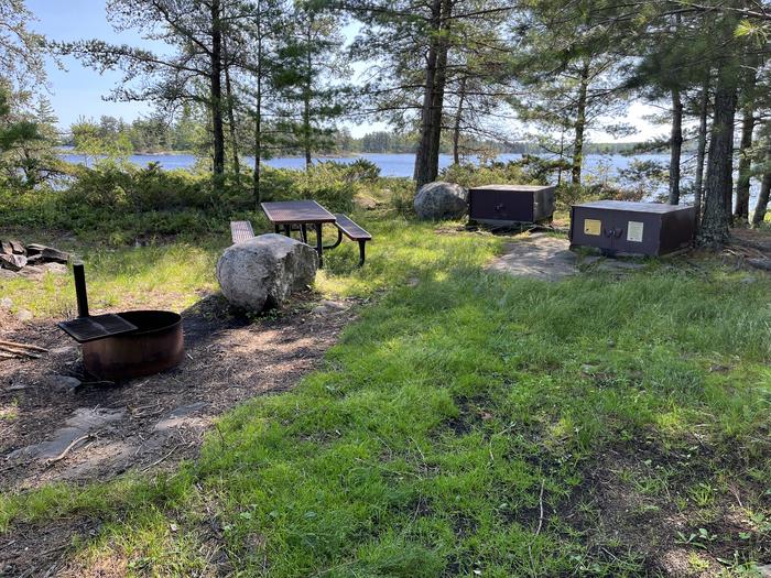 R1 - Alder Creek, view of campsite core of the fire ring, bear locker, picnic tables, and a couple of glacial erratics overlooking the water through pine trees.R1 - Alder Creek campsite on Rainy Lake