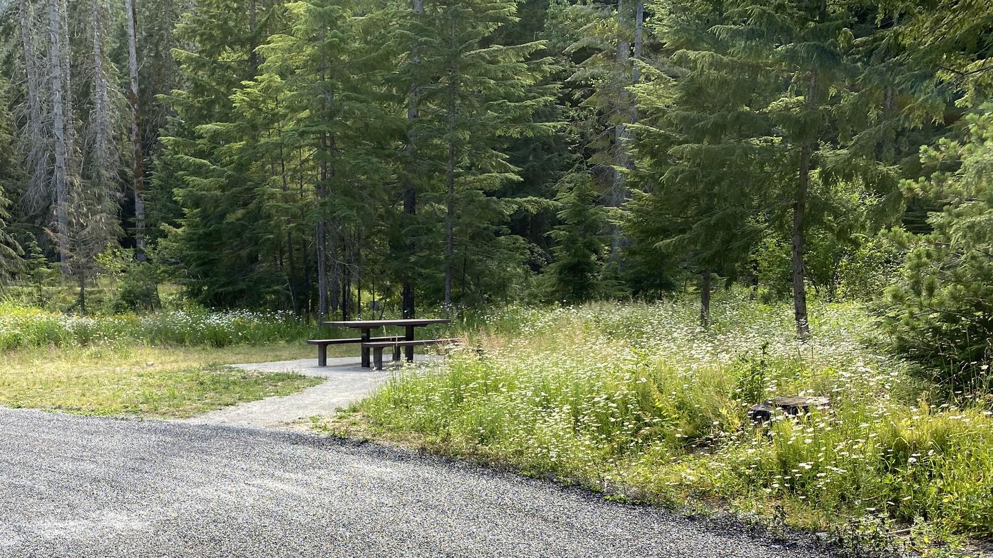 Kit Price Site A005. Photo includes picnic table, wild flowers, evergreen trees.Kit Price Site A005