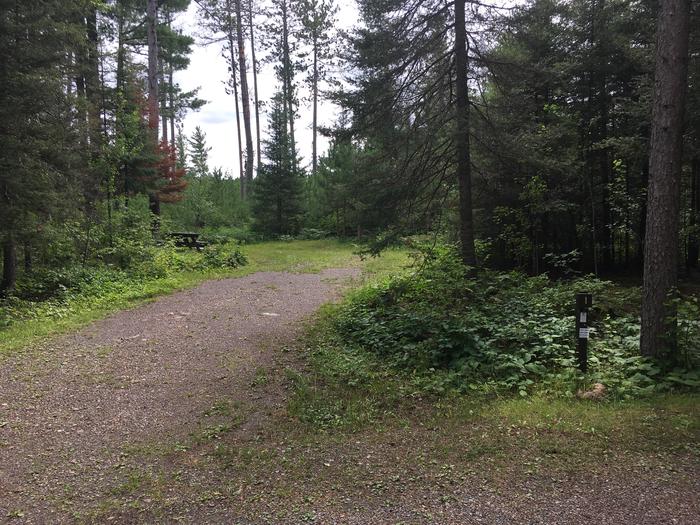 A photo of Site 1 of Loop East Loop at Little Isabella River Campground. The driveway leads to a grassy area with a picnic table and tent pads visible.A photo of Site 1 of Loop East Loop at Little Isabella River Campground with Picnic Table, Fire Pit, and Tent Pad