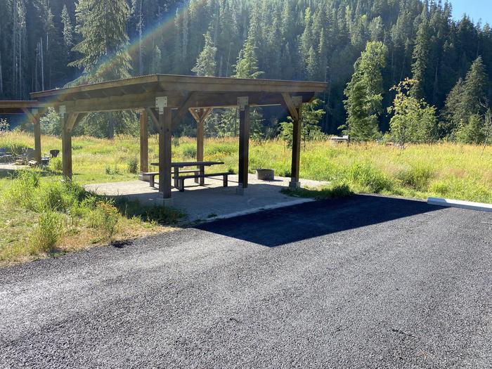 A photo of Site B027 of Loop B at KIT PRICE with Picnic Table, Fire Pit, Shade, Lean To / Shelter