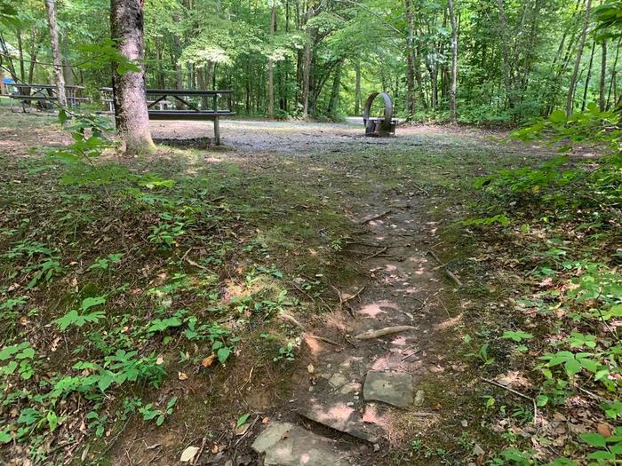 A small rock area leading up to a brown picnic table and circle fire ring.F-9 camping space.