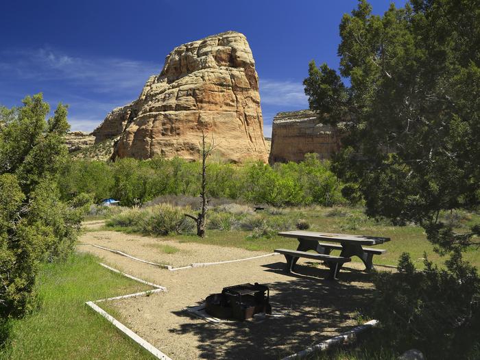 Echo Park with large rock formation in the backgroundEcho Park Campground