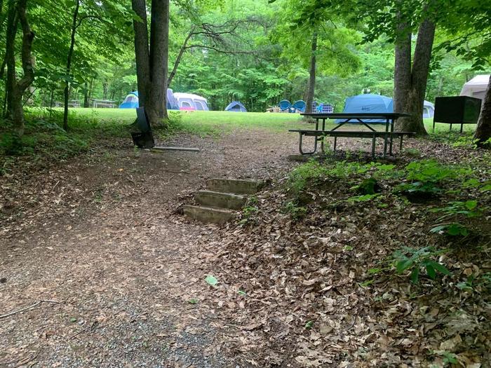 A gravel area with steps to the picnic table and fire ring.F-13 camping space.