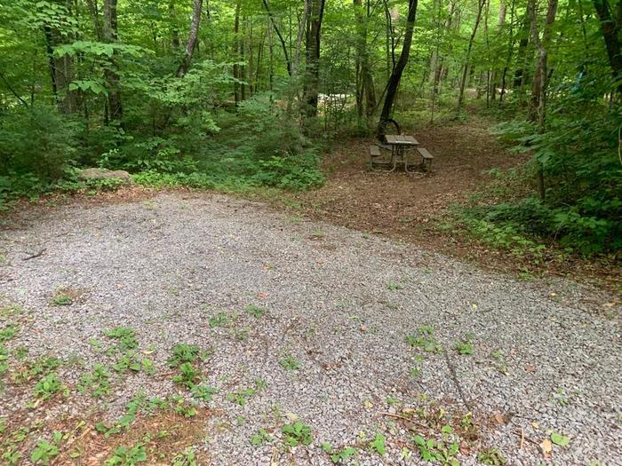 A gravel area with a brown picnic table and brown circle fire ring.F-15 camping space.