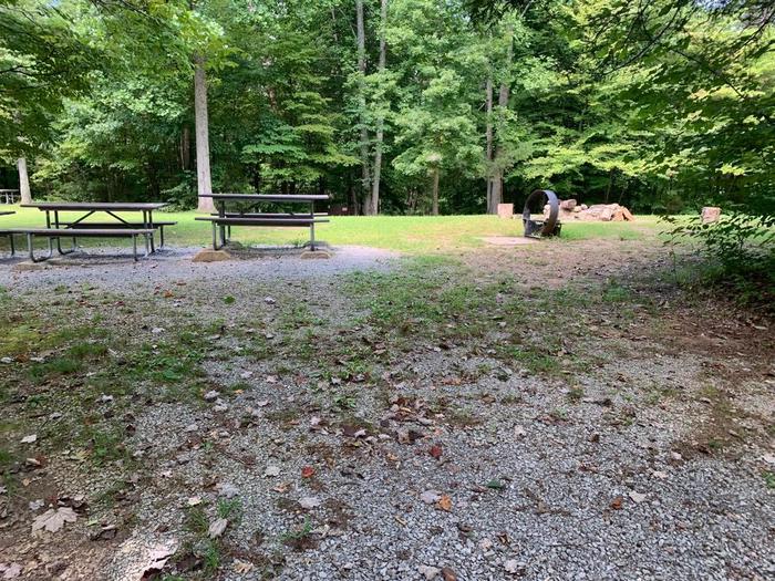 A gravel area with two brown picnic tables and a circle fire ring.G-3 camping space.