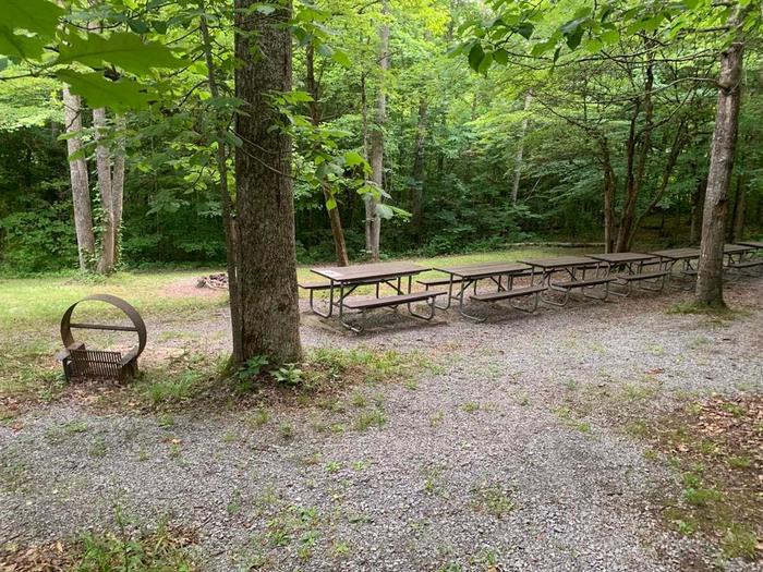 A gravel area with a brown circle fire ring and brown picnic tables.O-8 camping space.