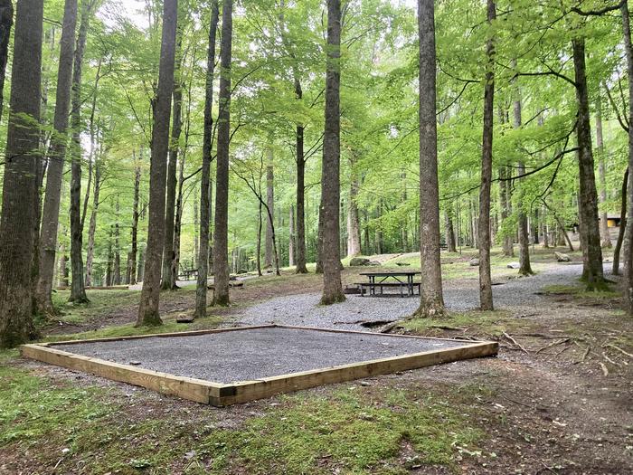 A behind photo of Site A14 of Loop A-Loop at COSBY CAMPGROUND with Picnic Table, Fire Pit, Tent PadFrom behind the tent pad