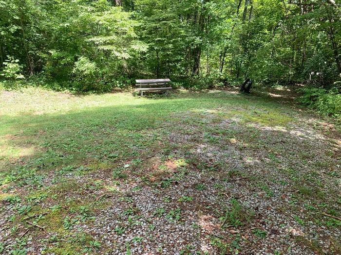 A gravel area with a brown picnic table and brown circle fire ring.A-2 camping space.