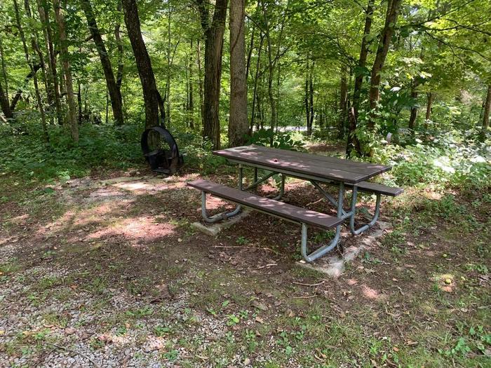 A brown picnic table and brown circle fire ring.A-3 camping space.