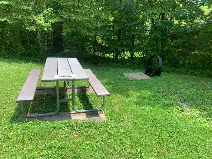 A green grass area with a brown picnic table and brown circle fire ring.A-14 camping space.
