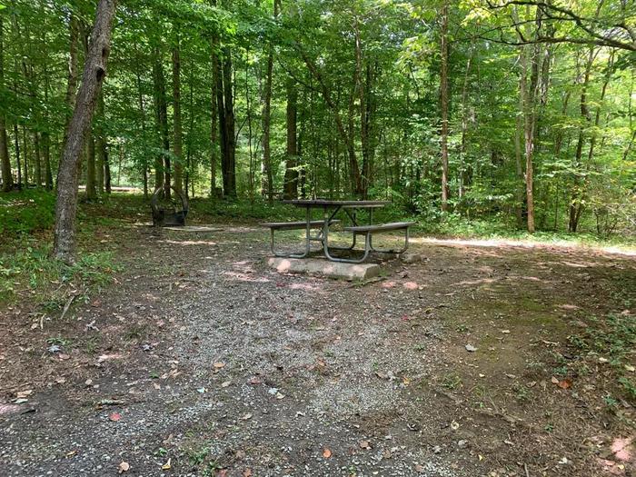 A gravel area with a brown picnic table and brown circle fire ring.D-23 camping space.