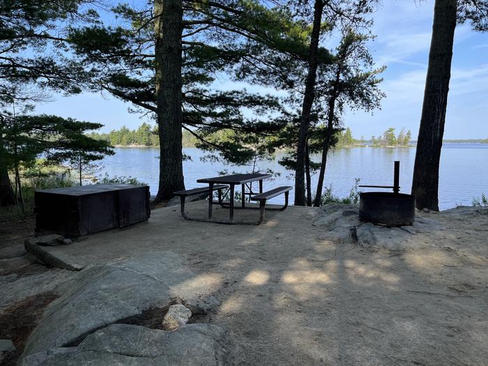 R59 - Finlander Island, view of the campsite core of the bear box, picnic table, and fire ring overlooking the water through pine trees.View looking out from campsite
