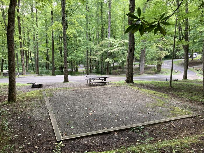 A photo of Site A48 of Loop A-Loop at COSBY CAMPGROUND with Picnic Table, Fire Pit, Tent Pad behindA48 from behind the tent pad