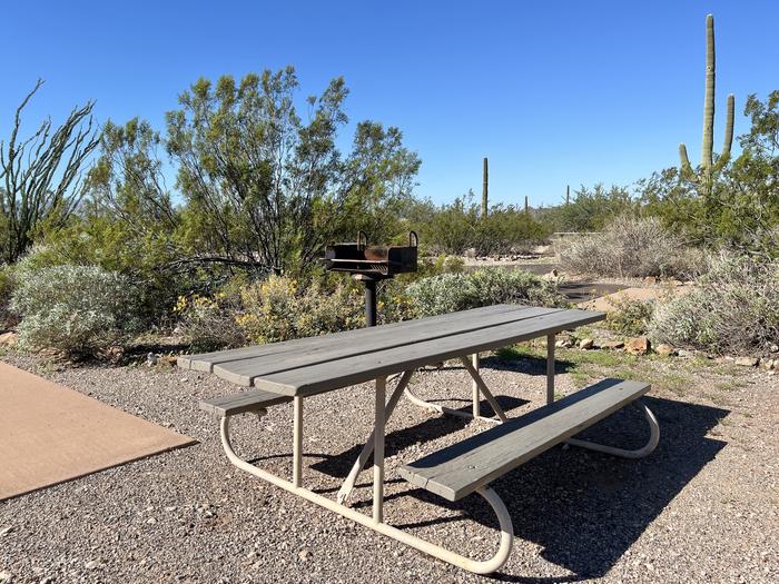 A picnic table and grill near each other.Each site has a picnic table and grill.