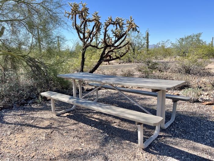 A picnic table sits near a grill and desert vegetation.The picnic table and grill.