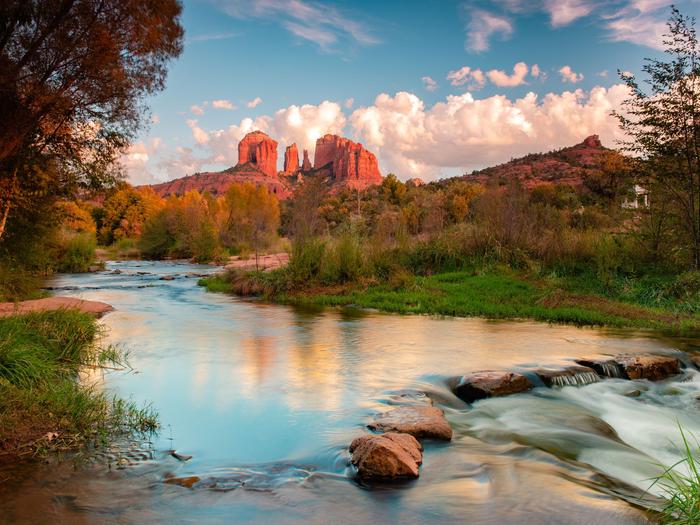 The colorful collection of buttes, pinnacles, mesas, and canyons surrounding Sedona is famous the world around for its red rock vistasCathedral Rock at Red Rock Crossing in Sedona, Arizona