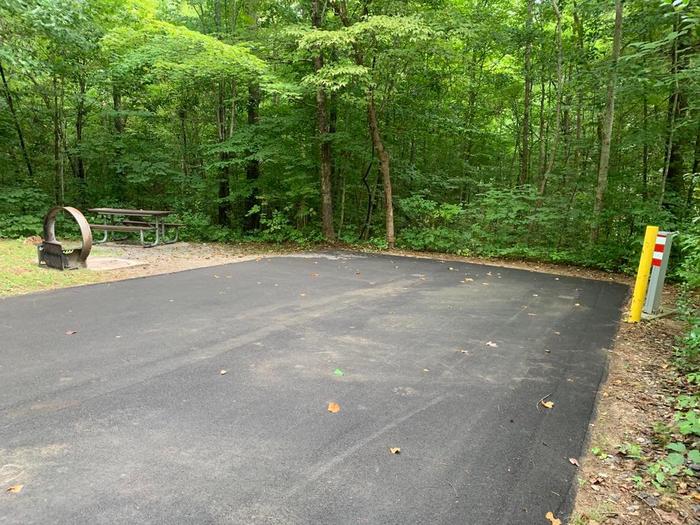 A blacktop pad with a circle fire ring and picnic table.B-19 camping space.