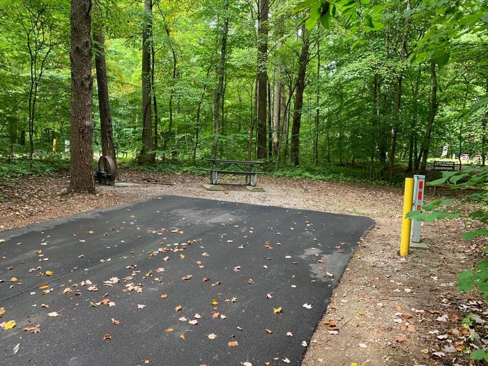 A blacktop pad with a circle fire ring and picnic table.C-12 camping space.