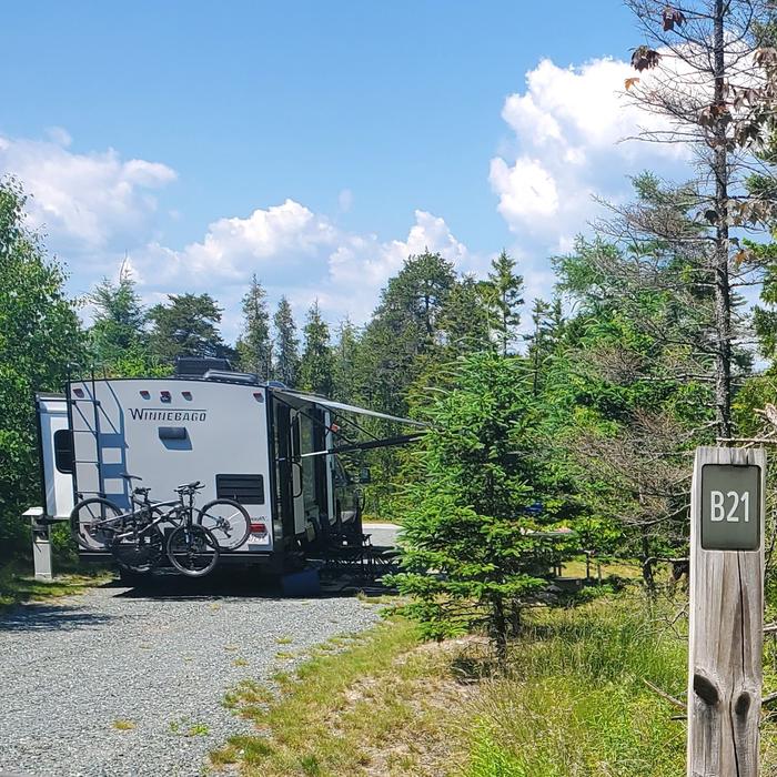 A photo of Site B21 while OccupiedA photo of Site B21 of Loop B-Loop at Schoodic Woods Campground with Picnic Table, Electricity Hookup, Fire Pit, Water Hookup