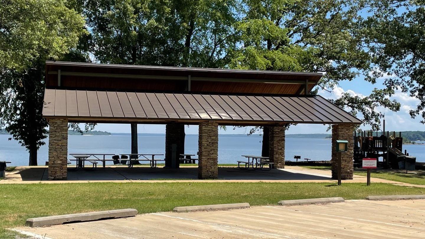 Pavilion is on a bluff overlooking the dam and lake. Pavilion 821 at South Abutment Day Use Area