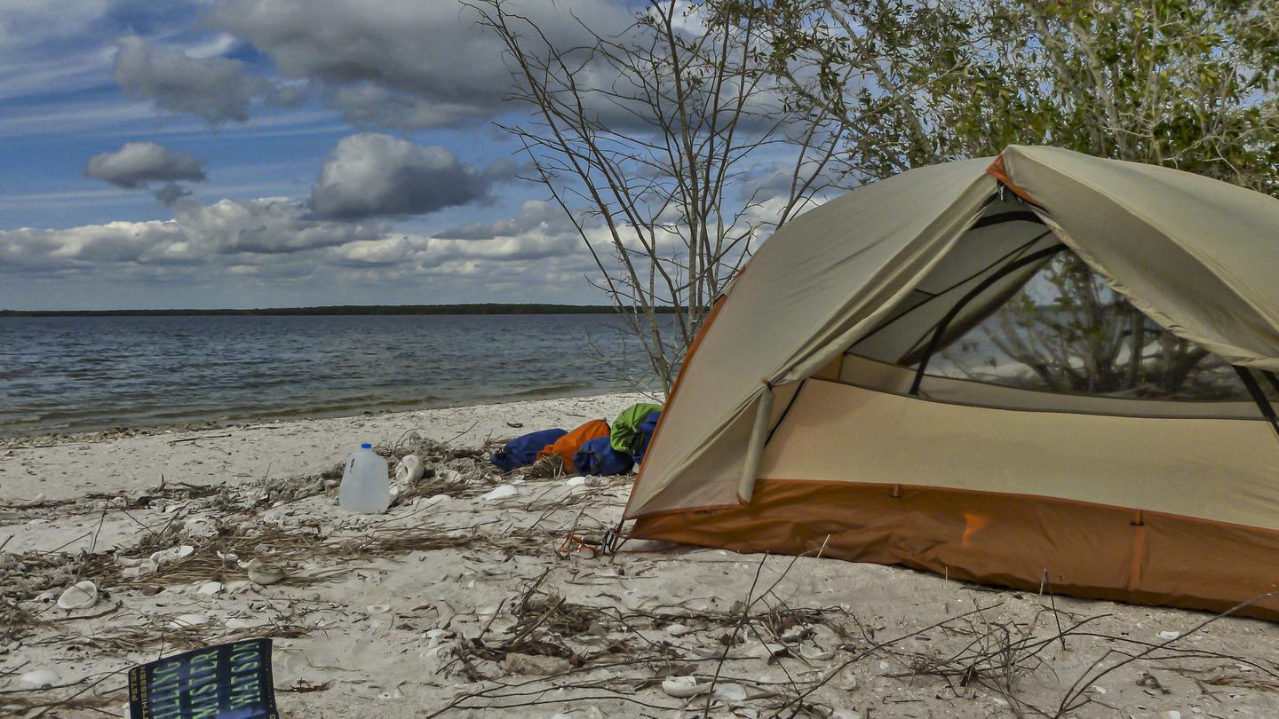 A beige tent is set up on a beach. There is a gear and a book on the ground by the tent. Trees, clouds, and water in the background.Camping on a primitive beach