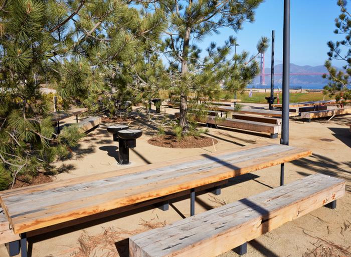 Picnic tables, grills, and trees. Picnic Place is filled with pine trees and has spectacular views of the San Francisco Bay. 