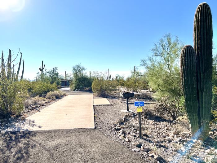 The driveway entrance into the campsite with a sign in front.