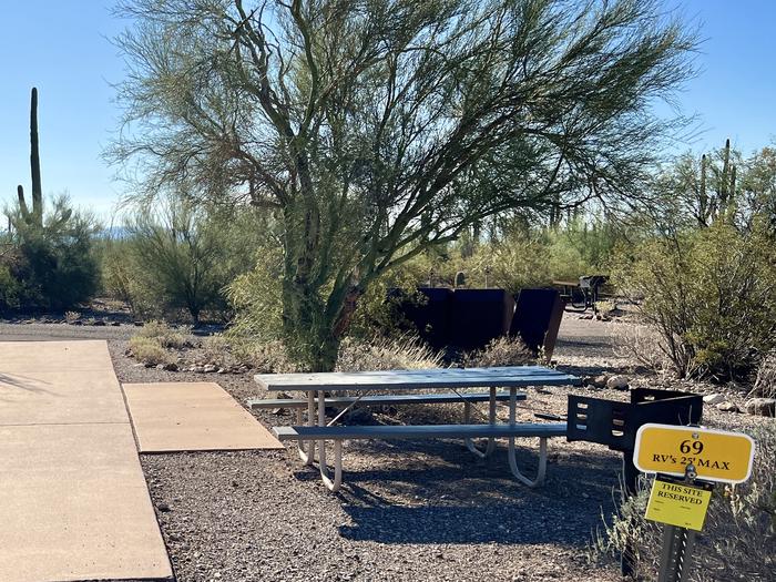 Pull-thru campsite with picnic table and grill, cactus and desert vegetation surround site.  The entrance into Site 069