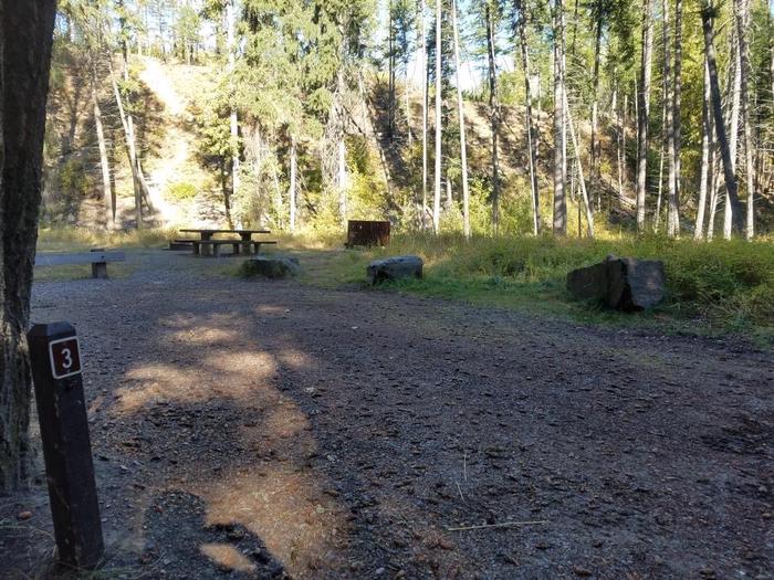 A photo of Site 3 of Loop BIG CREEK CAMPGROUND at Big Creek Campground (Flathead National Forest, MT) with Picnic Table, Fire Pit, Food Storage