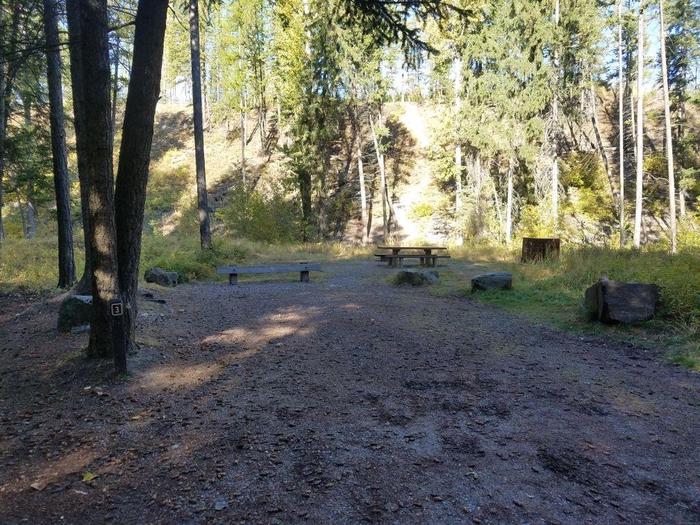 A photo of Site 3 of Loop BIG CREEK CAMPGROUND at Big Creek Campground (Flathead National Forest, MT) with Picnic Table, Fire Pit