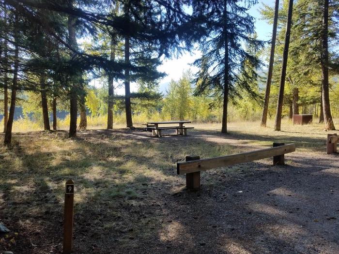 A photo of Site 9 of Loop BIG CREEK CAMPGROUND at Big Creek Campground (Flathead National Forest, MT) with Picnic Table, Fire Pit, Waterfront