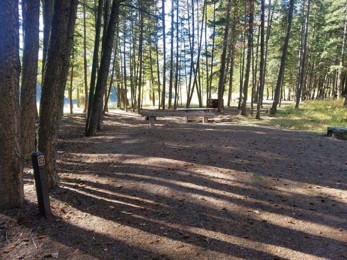 A photo of Site 12 of Loop BIG CREEK CAMPGROUND at Big Creek Campground (Flathead National Forest, MT) with Picnic Table, Fire Pit, Shade, Waterfront