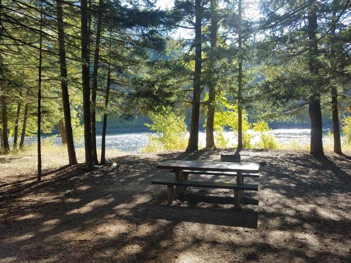 A photo of Site 14 of Loop BIG CREEK CAMPGROUND at Big Creek Campground (Flathead National Forest, MT) with Picnic Table, Fire Pit, Shade, Waterfront