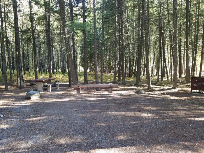 A photo of Site 19 of Loop BIG CREEK CAMPGROUND at Big Creek Campground (Flathead National Forest, MT) with Picnic Table, Fire Pit, Shade, Food Storage