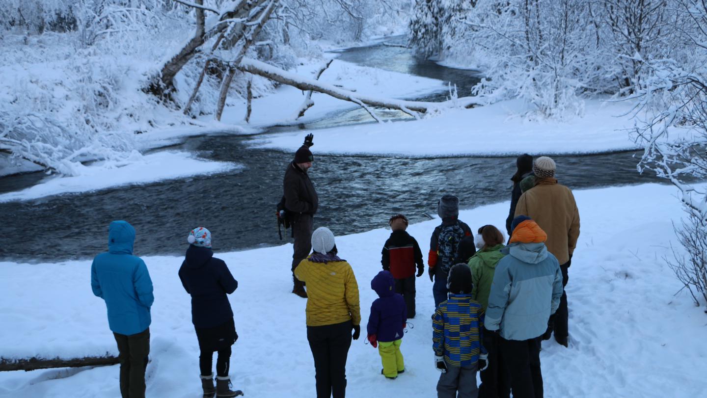 A group of children and adults along Campbell Creek in winter listen to a CCSC instructor as he points downstream.Public Programs provide opportunities to learn and explore as a whole family!