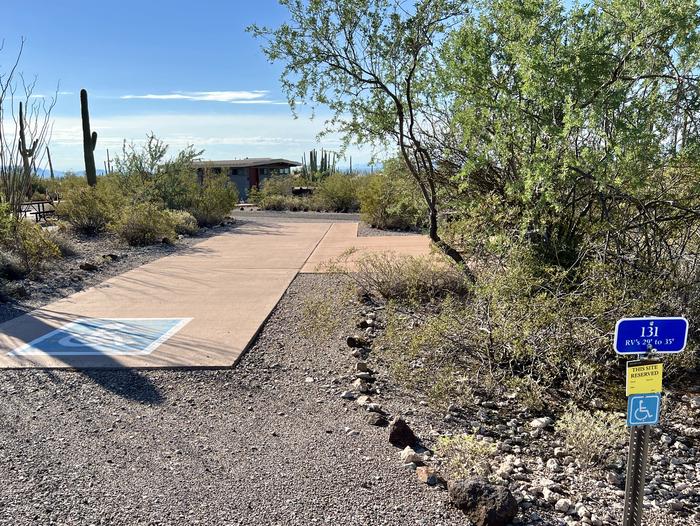 Pull-thru campsite with picnic table and grill, surrounded by cactus and desert vegetation. Handicap logo painted on the ground