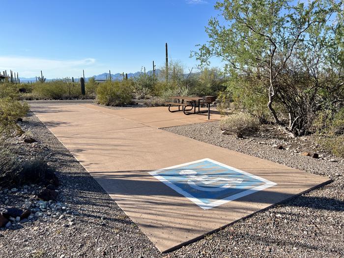 The driveway of the site surrounded by desert plants. There is a blue and white wheelchair accessible symbol on the driveway.The entrance into the site. 