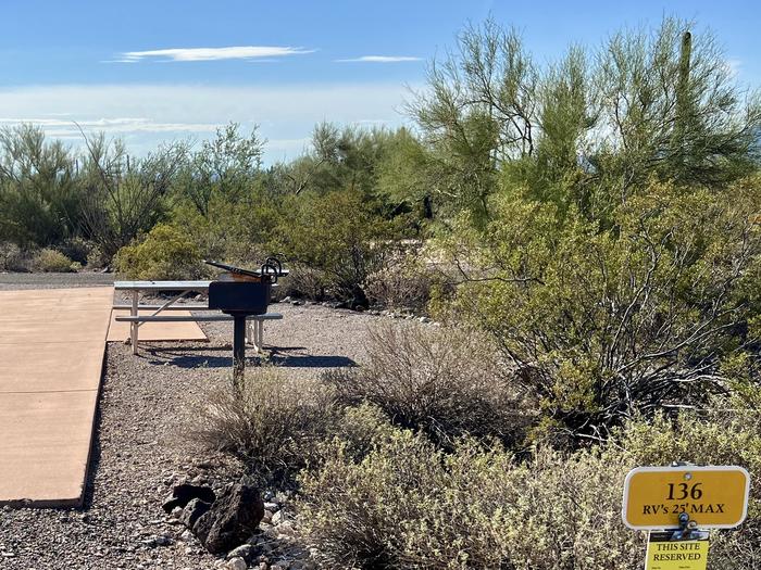 Pull-thru campsite with picnic table and grill, surrounded by cactus and desert vegetation.